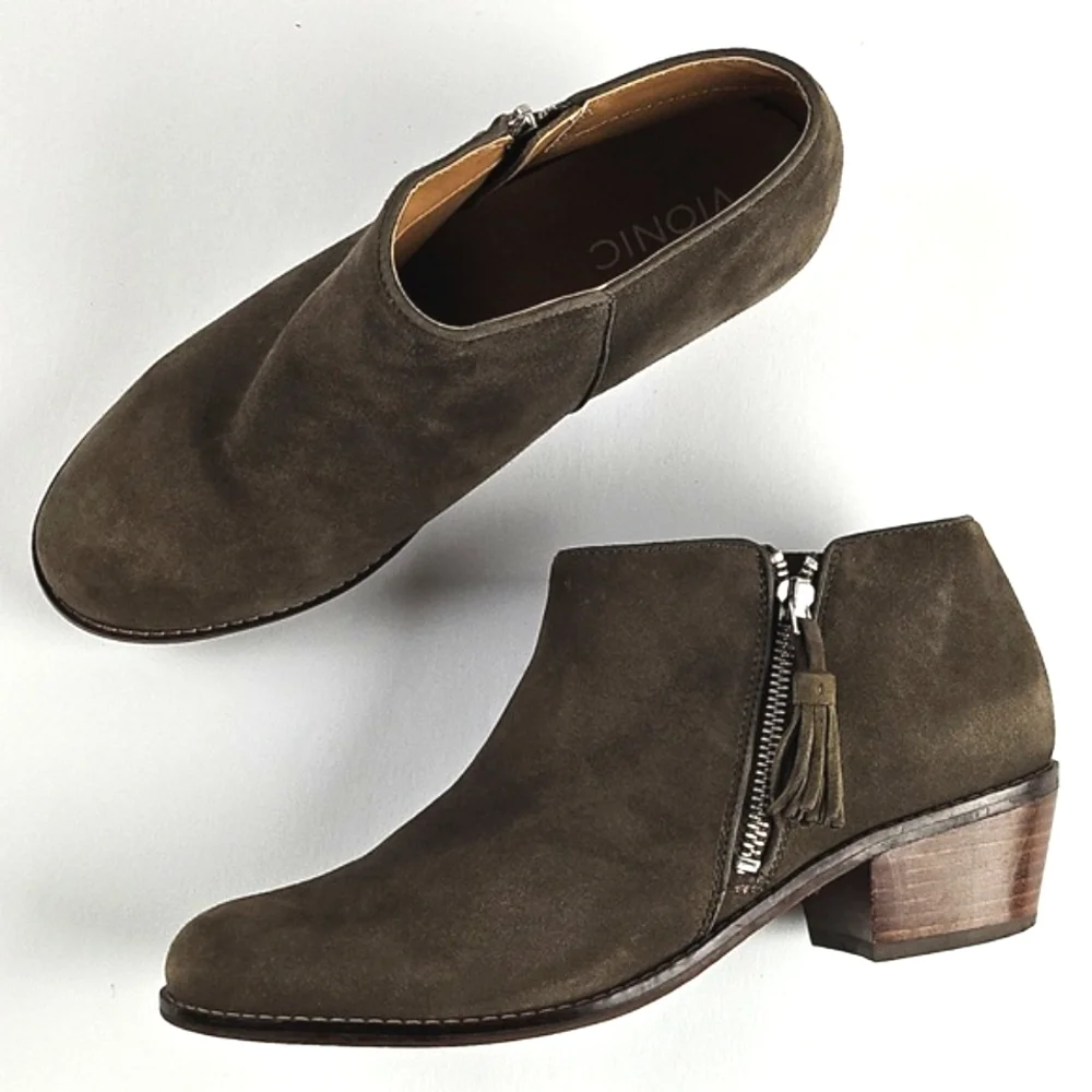 Vionic Joy Serena Taupe Kid Suede Tassel Side Zip Comfort Ankle Bootie